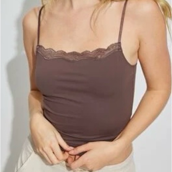 Lace Trim Brown Cami Top - Picture 1 of 2